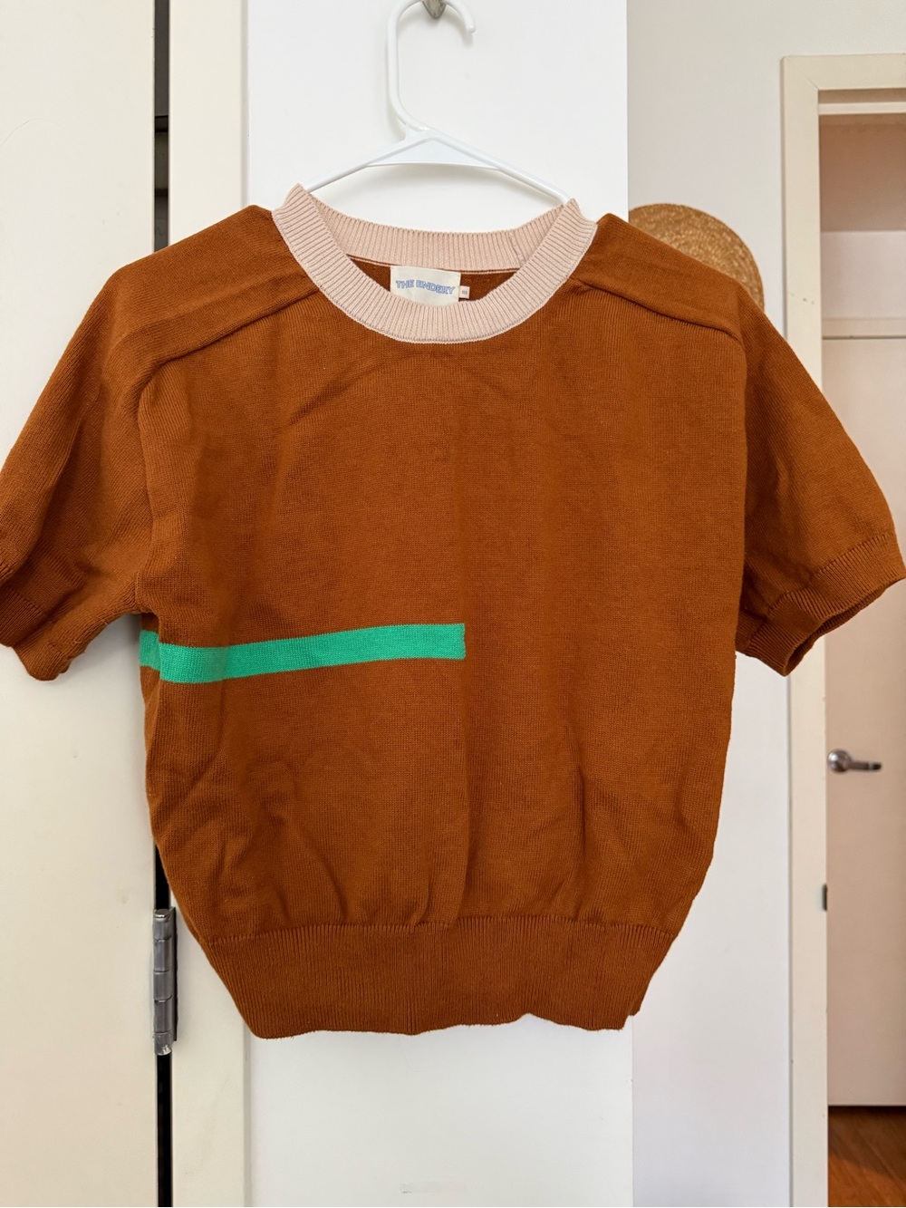 The Endery- Rust Crewneck Short-Sleeve Sweater with Mint Stripe